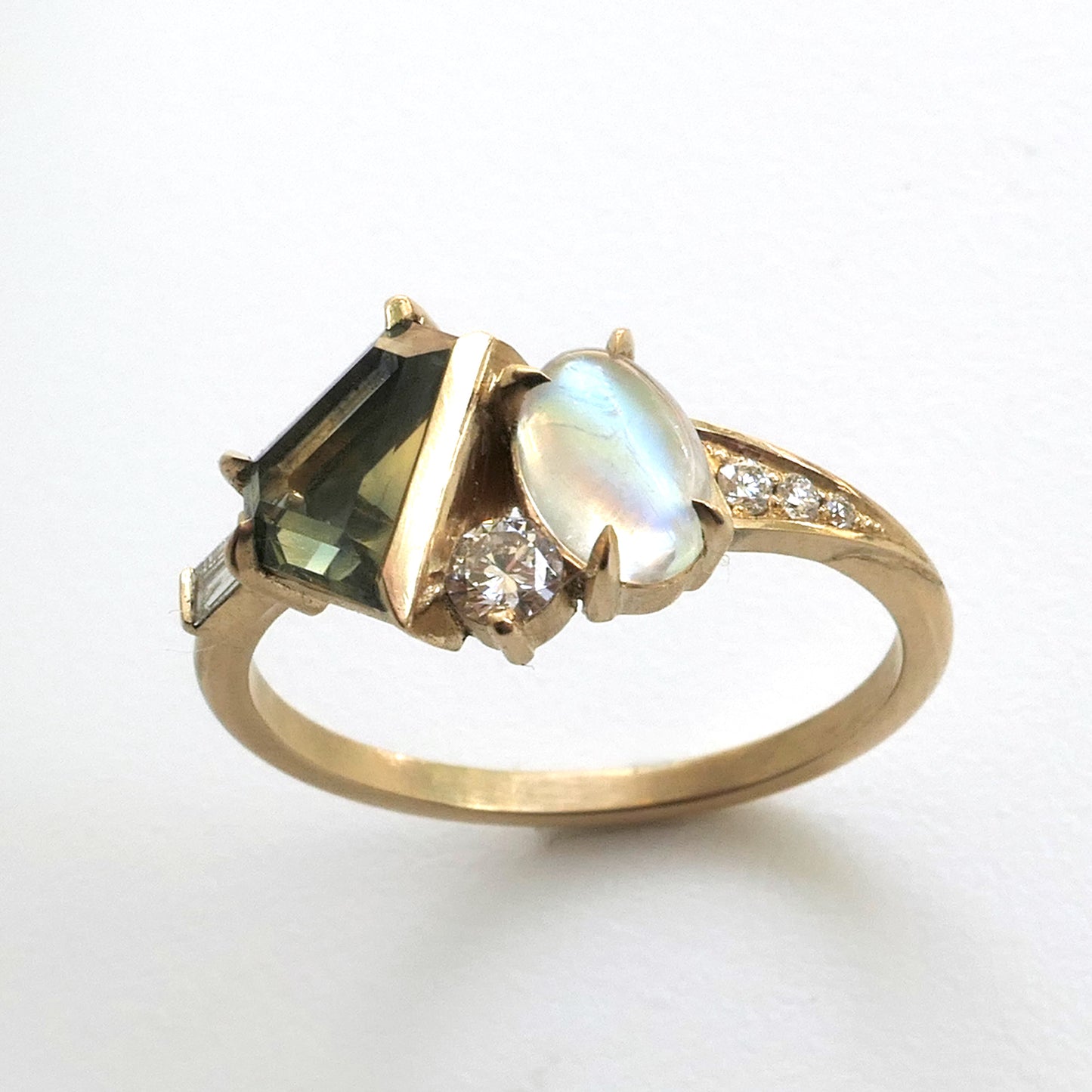 Composition Ring With Portrait cut Sapphire and Moonstone