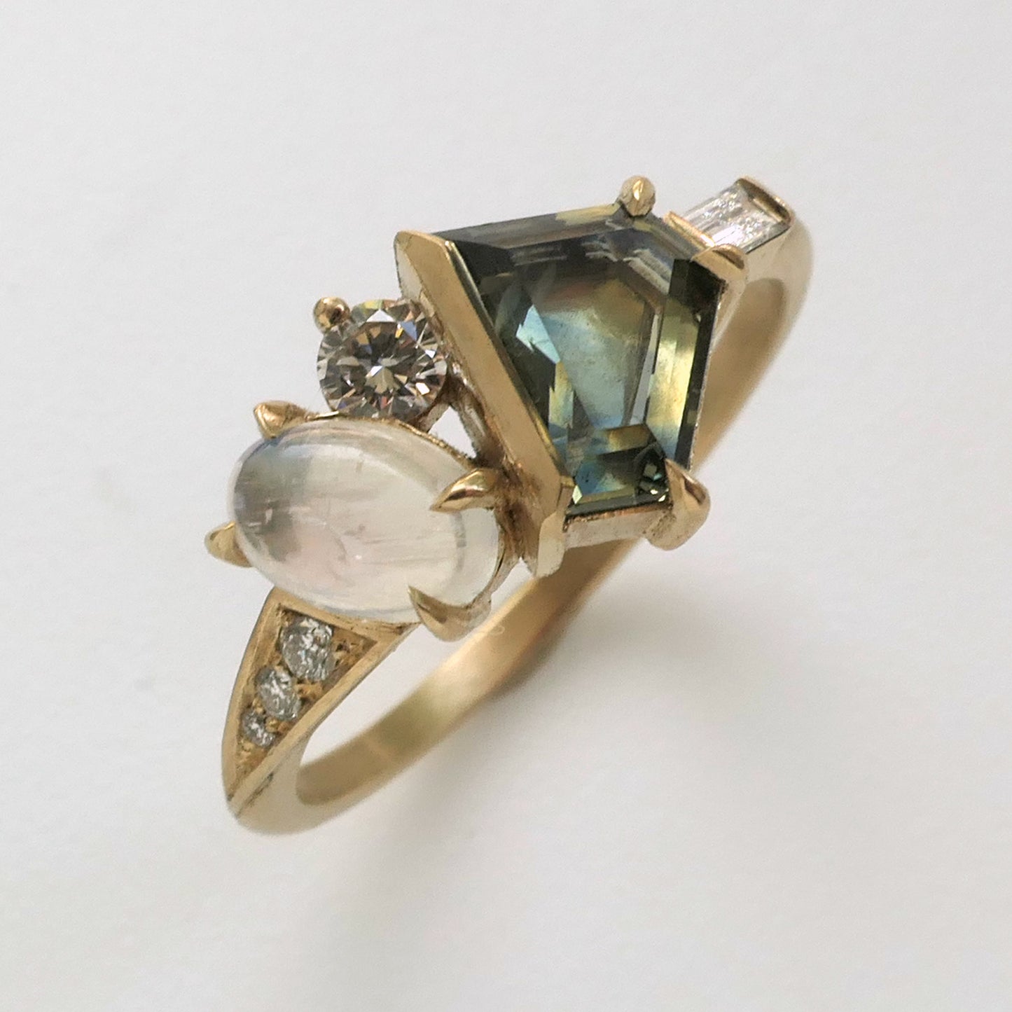 Composition Ring With Portrait cut Sapphire and Moonstone