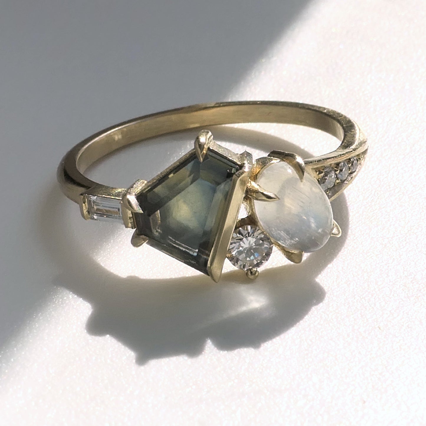 Composition Ring With Portrait cut Sapphire and Moonstone