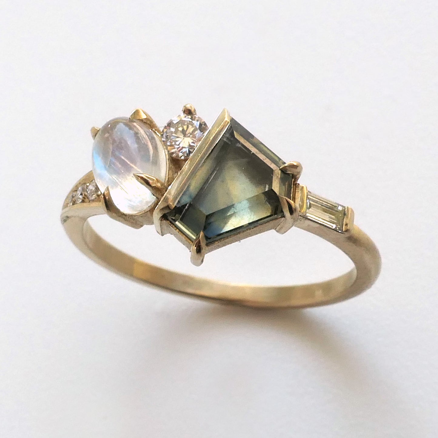 Composition Ring With Portrait cut Sapphire and Moonstone