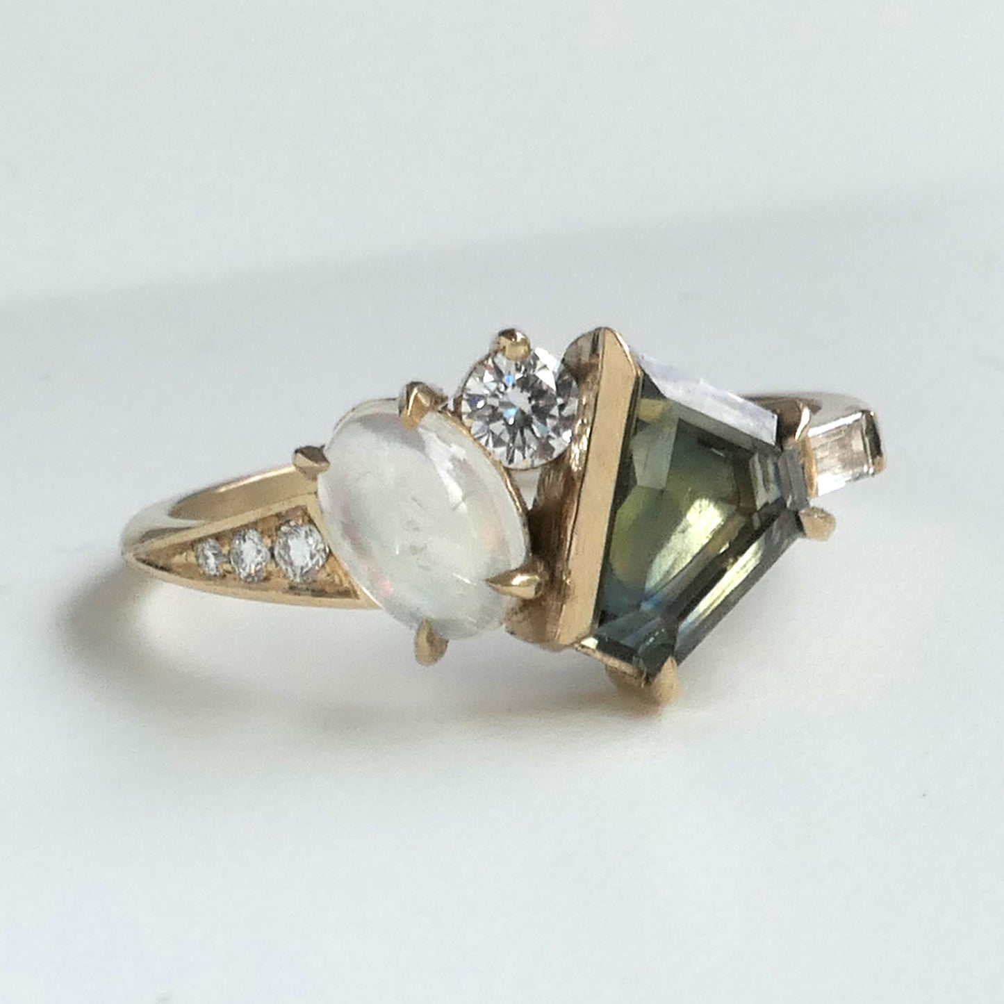 Composition Ring With Portrait cut Sapphire and Moonstone